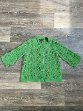 Style & Co. Petite Green Pointelle Leaf Knit Cardigan Sweater Size PM Medium